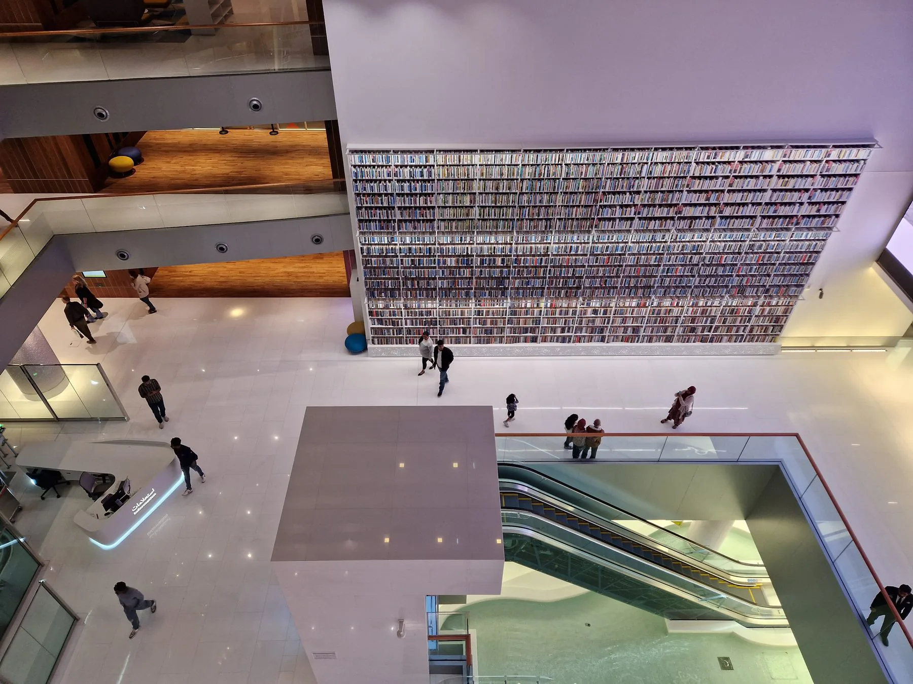 A soaring floor-to-ceiling library shelf wall seen from above, with visitors browsing below